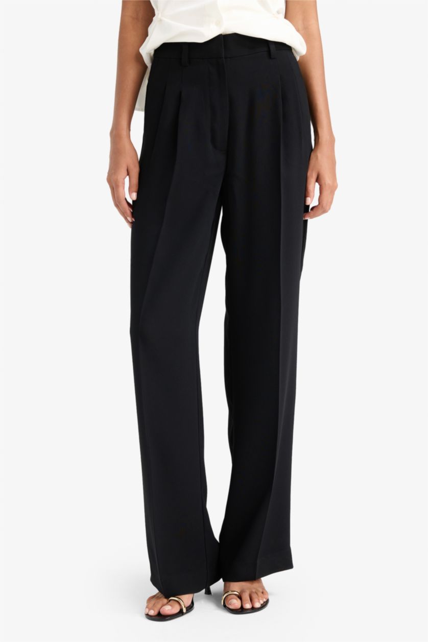 FEMME Noir Pantalon droit à taille haute et poches en crêpe Coupe large