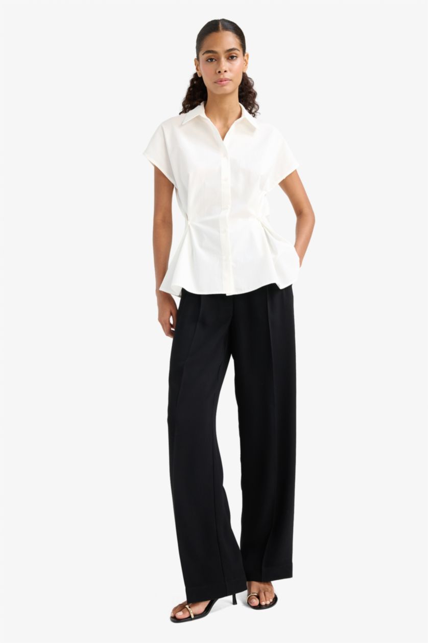 FEMME Noir Pantalon droit à taille haute et poches en crêpe Coupe large