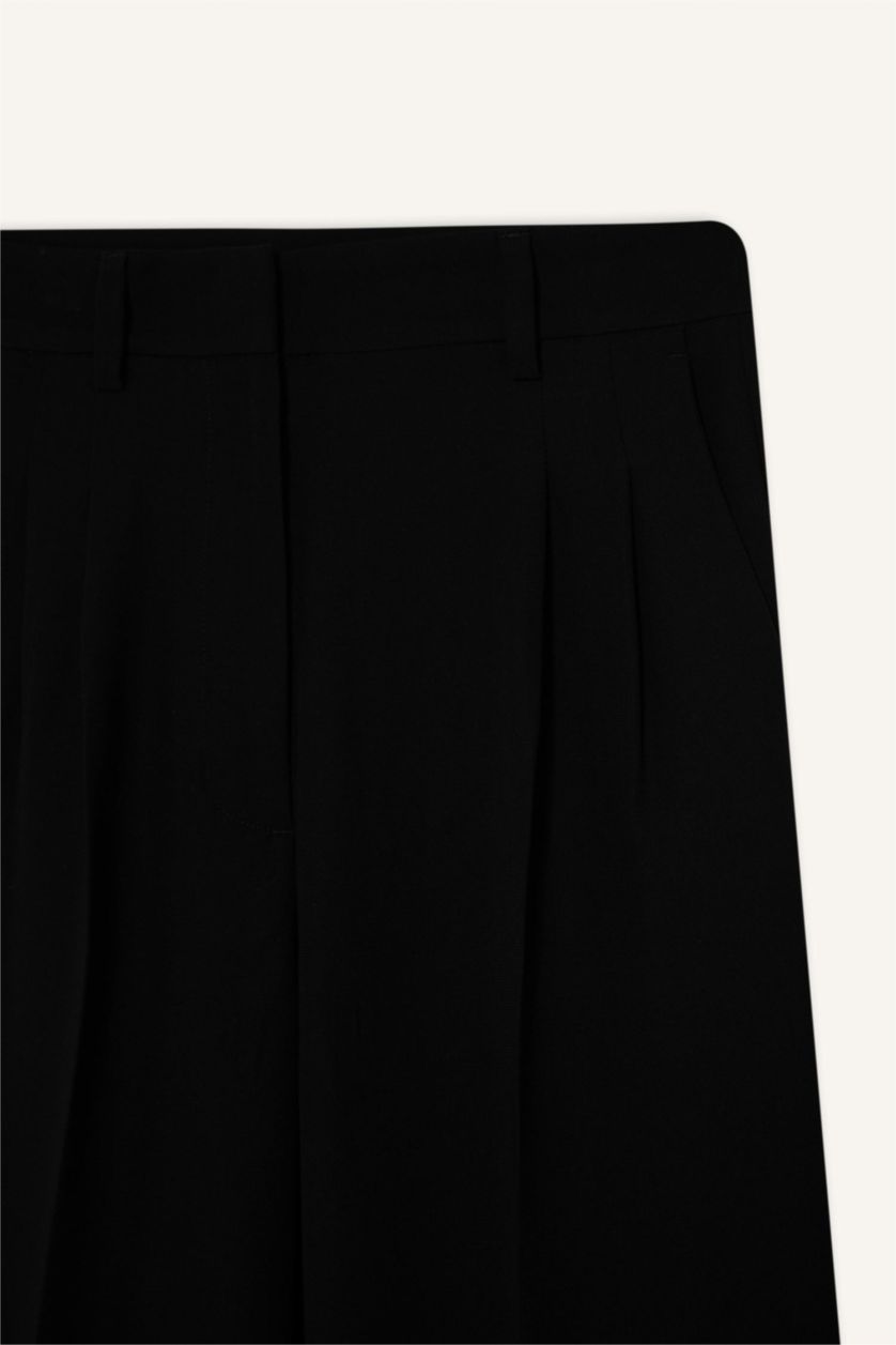FEMME Noir Pantalon droit à taille haute et poches en crêpe Coupe large