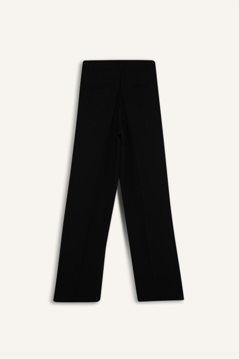 FEMME Noir Pantalon droit à taille haute et poches en crêpe Coupe large