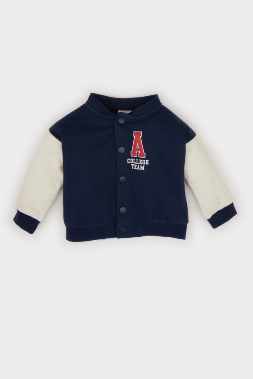 BABY BOY NAVY Baby Boy College Collar Printed Buttoned Bomber Cardigan