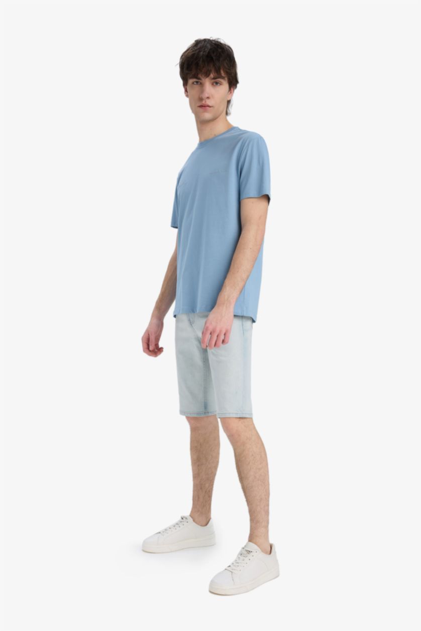 HOMME Bleu T-shirt en coton imprimé au dos à col rond et coupe régulière