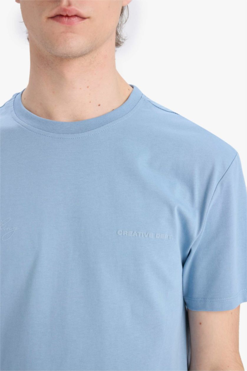 HOMME Bleu T-shirt en coton imprimé au dos à col rond et coupe régulière