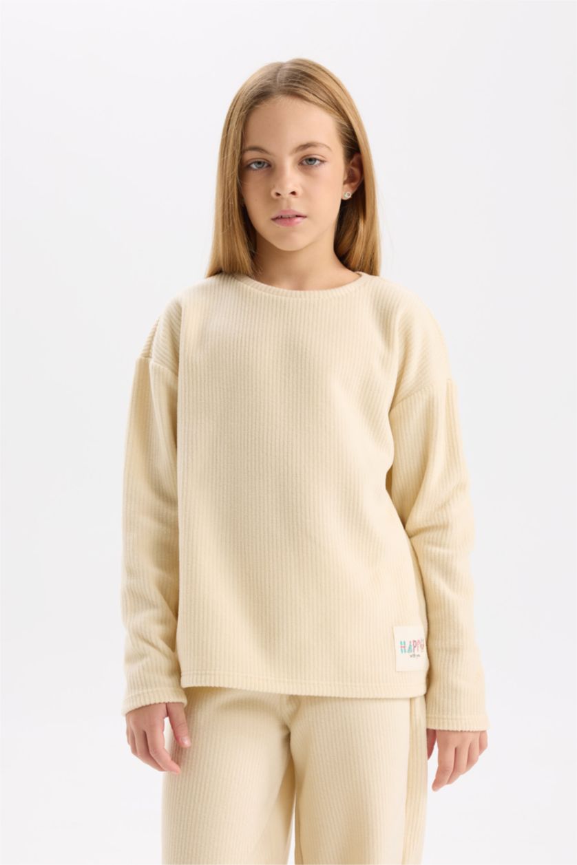 GIRLS & TEENS Beige Girl Polar Crew Neck Basic Top Bottom 2 Piece Pajama Set