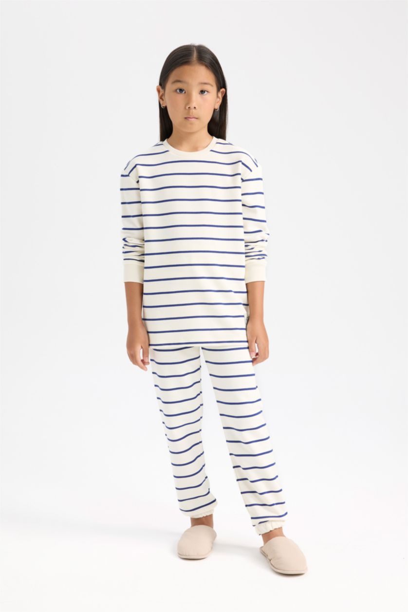 GIRLS & TEENS Ecru Girl Striped Top Bottom 2 Piece Pyjamas Set