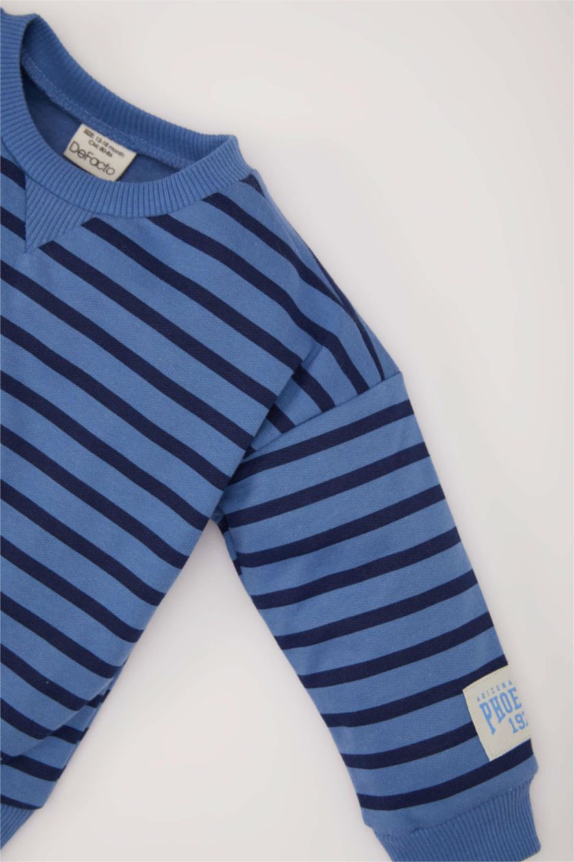 Erkek Bebek Lacivert 2'li Takım Çizgili Sweatshirt Beli Lastikli Eşofman Altı Erkek Bebek