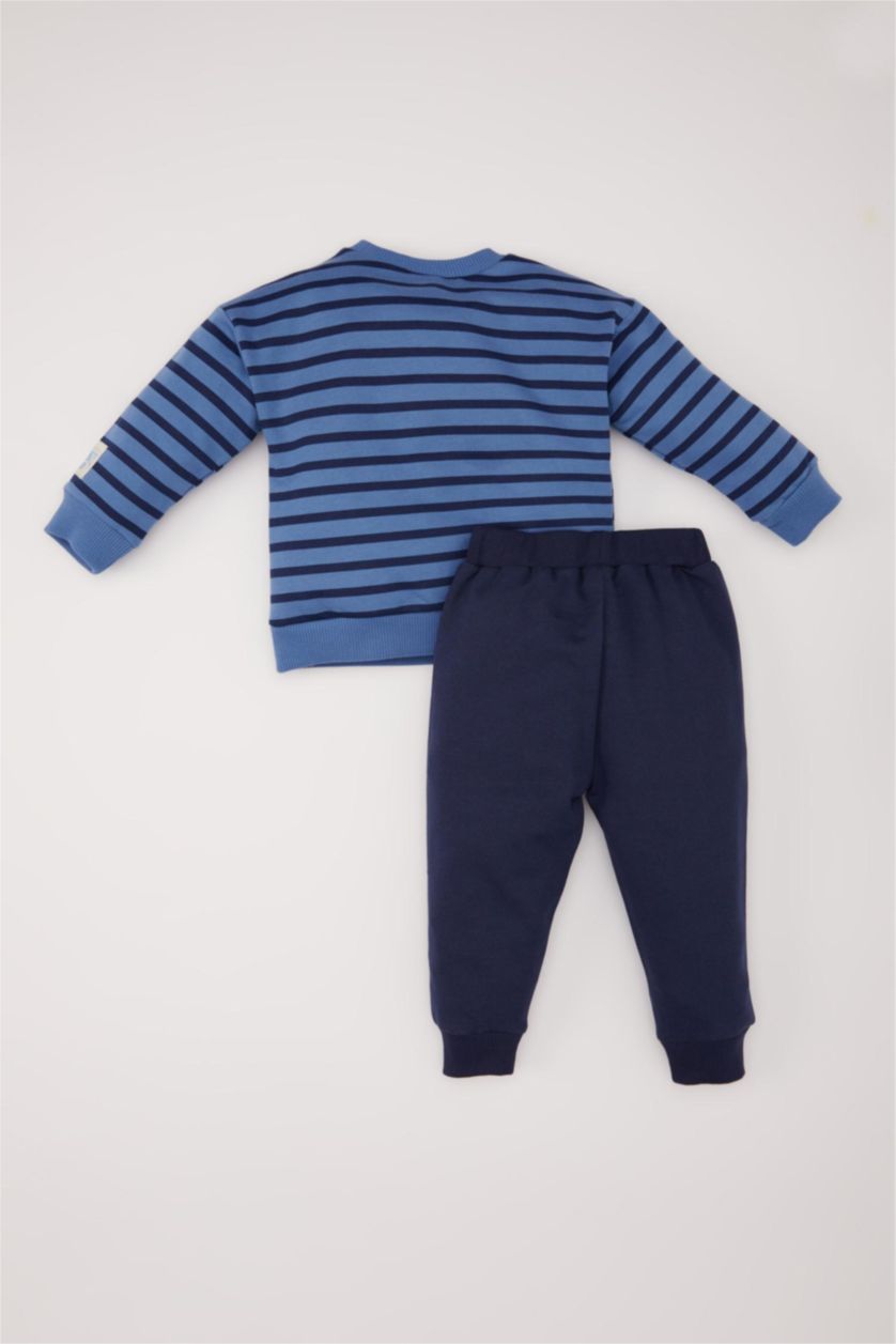 Erkek Bebek Lacivert 2'li Takım Çizgili Sweatshirt Beli Lastikli Eşofman Altı Erkek Bebek
