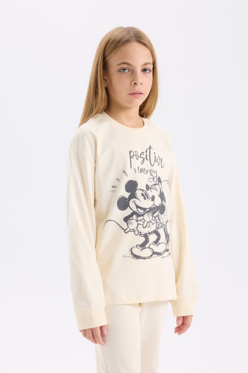 GIRLS & TEENS Ecru Girl Disney Mickey & Minnie Top Bottom 2 Piece Pajama Set