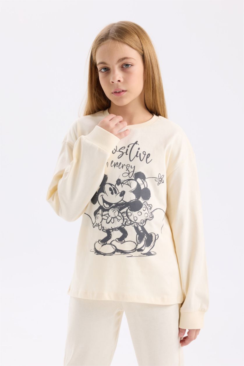 GIRLS & TEENS Ecru Girl Disney Mickey & Minnie Top Bottom 2 Piece Pajama Set