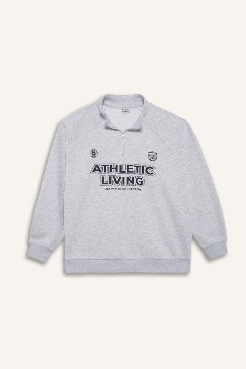 Woman Grey Melange DeFactoFit Oversize Fit Slogan Printed Sports Sweatshirt