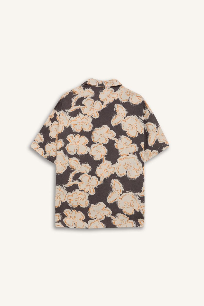 Erkek Çocuk - Genç Erkek Antrasit Oversize Geniş Kalıp Polo Yaka Viskon Desenli Kısa Kollu Gömlek Erkek Çocuk