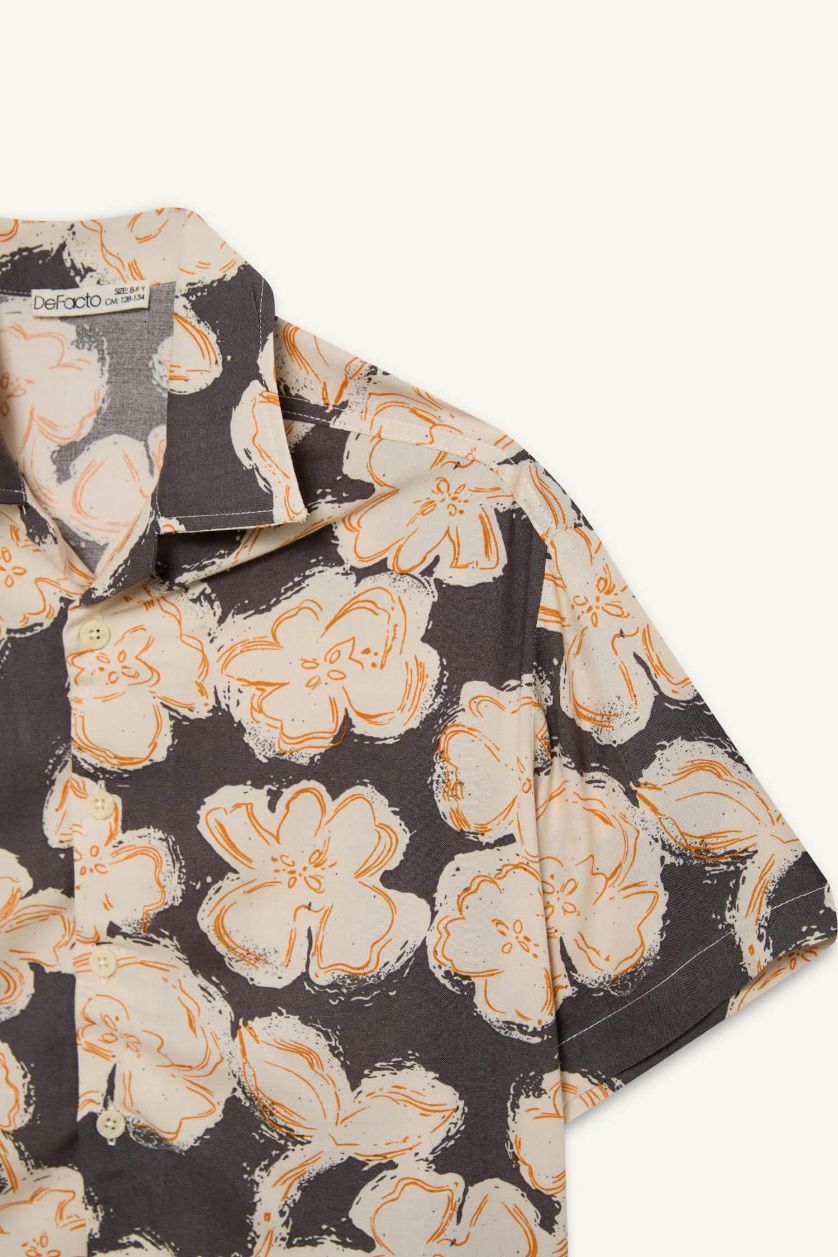 Erkek Çocuk - Genç Erkek Antrasit Oversize Geniş Kalıp Polo Yaka Viskon Desenli Kısa Kollu Gömlek Erkek Çocuk