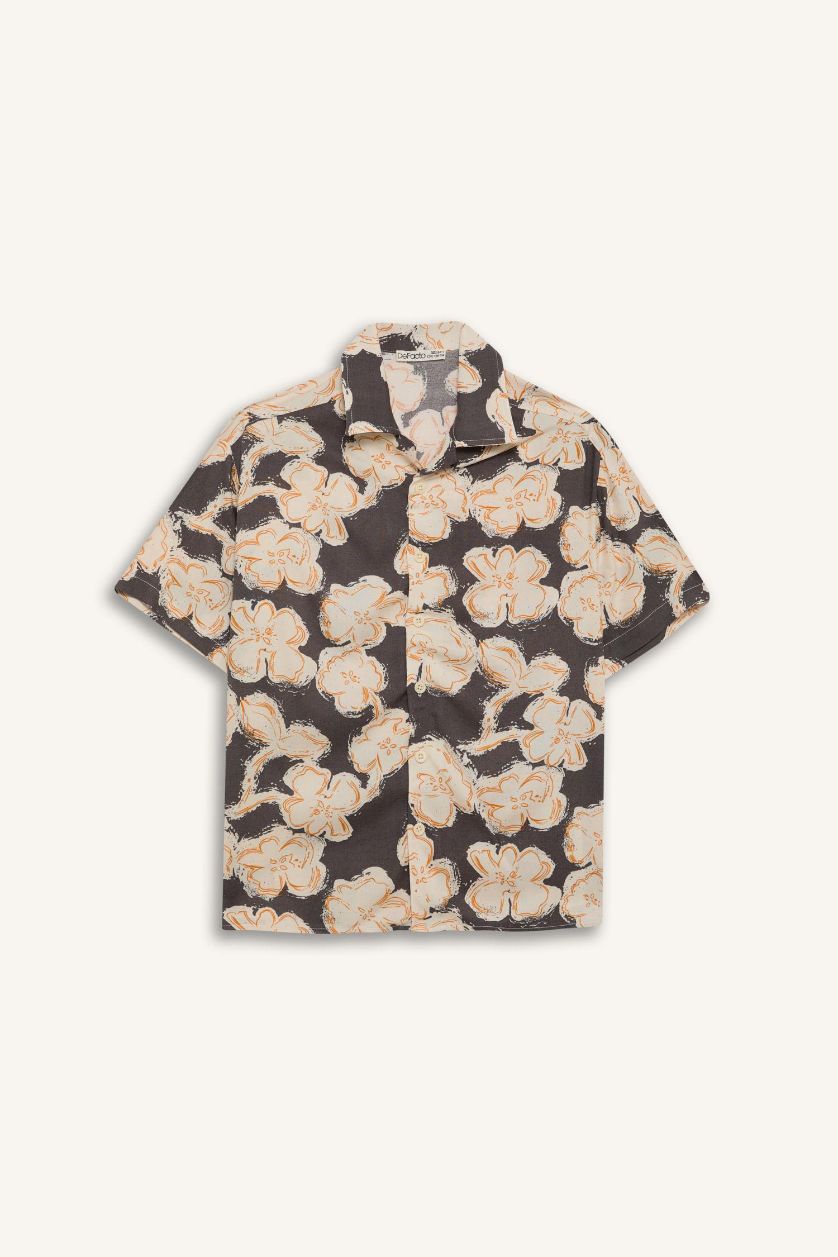 Erkek Çocuk - Genç Erkek Antrasit Oversize Geniş Kalıp Polo Yaka Viskon Desenli Kısa Kollu Gömlek Erkek Çocuk