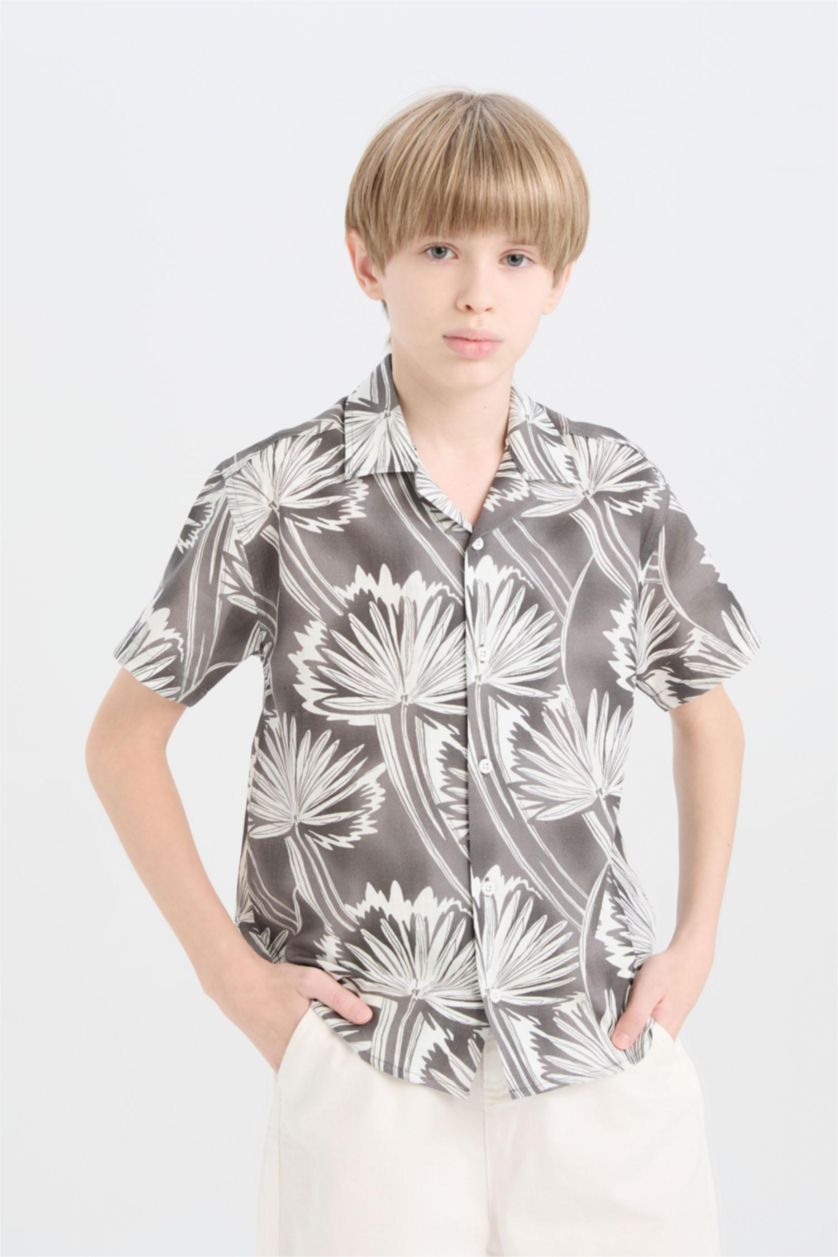 Erkek Çocuk - Genç Erkek Gri Oversize Geniş Kalıp Polo Yaka Desenli Kısa Kollu Gömlek Erkek Çocuk