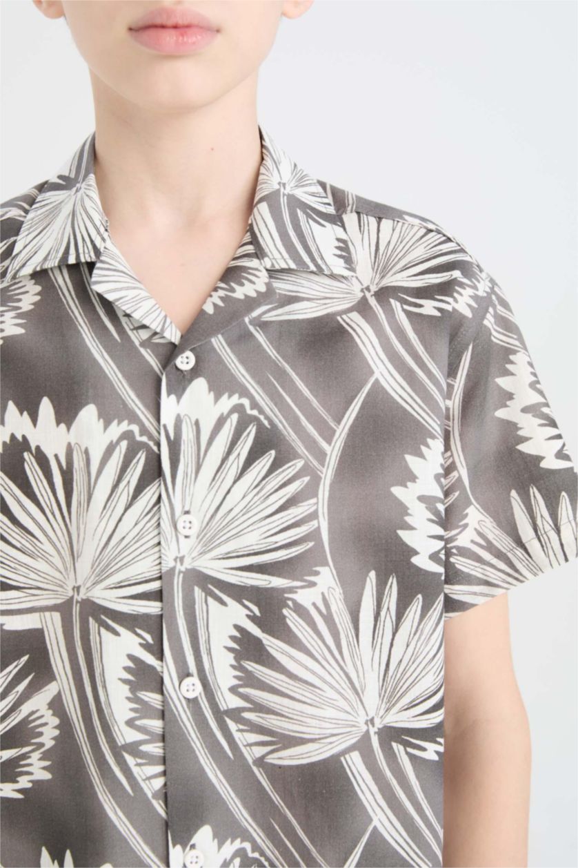 Erkek Çocuk - Genç Erkek Gri Oversize Geniş Kalıp Polo Yaka Desenli Kısa Kollu Gömlek Erkek Çocuk