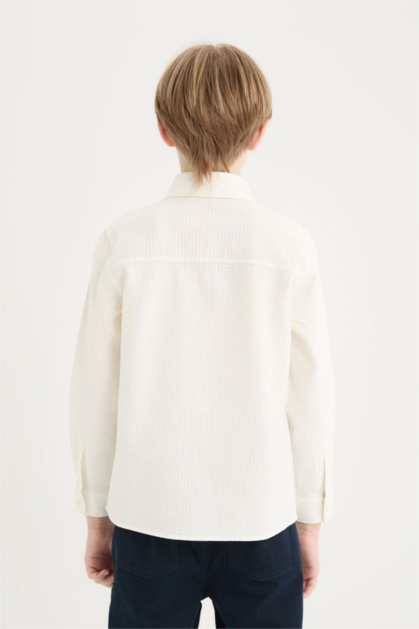 Erkek Çocuk - Genç Erkek Ekru Polo Yaka Dokulu Uzun Kollu Gömlek Erkek Çocuk