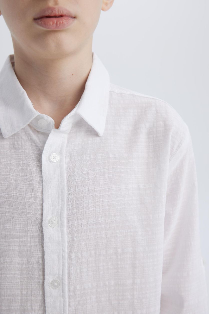 Erkek Çocuk - Genç Erkek Beyaz Polo Yaka Dokulu Uzun Kollu Gömlek Erkek Çocuk