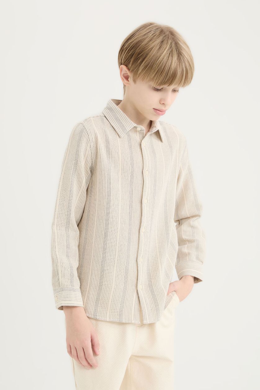 Erkek Çocuk - Genç Erkek Ekru Polo Yaka Çizgili Uzun Kollu Gömlek Erkek Çocuk