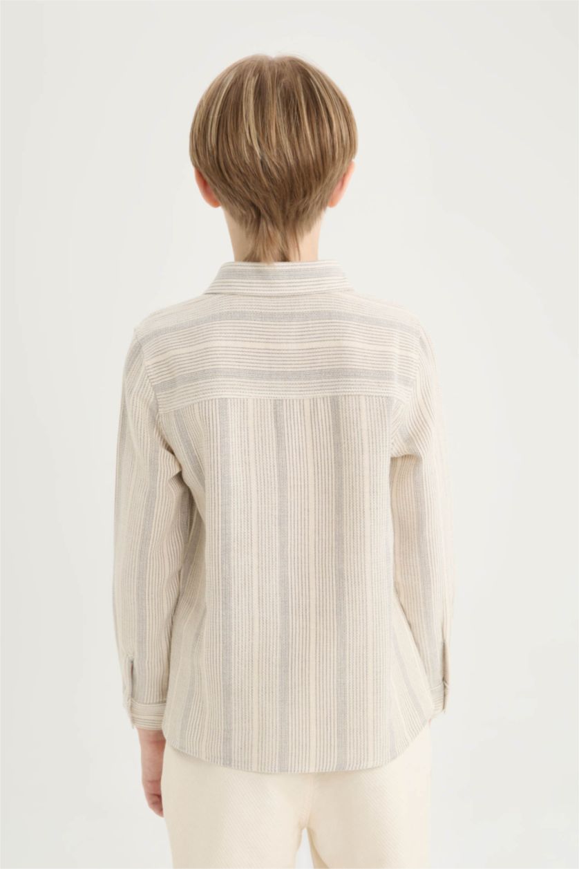 Erkek Çocuk - Genç Erkek Ekru Polo Yaka Çizgili Uzun Kollu Gömlek Erkek Çocuk