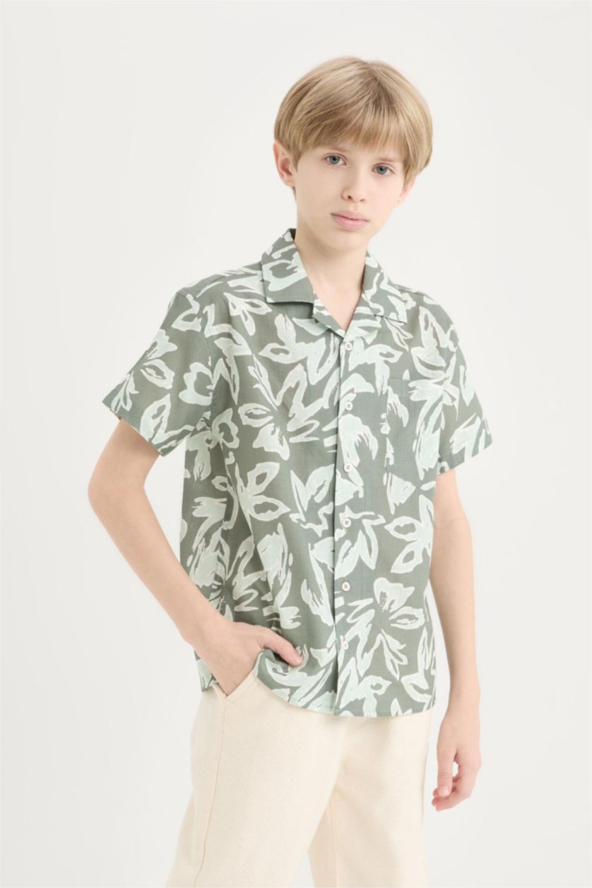 Erkek Çocuk - Genç Erkek Açık Haki Oversize Geniş Kalıp Polo Yaka Desenli Kısa Kollu Gömlek Erkek Çocuk