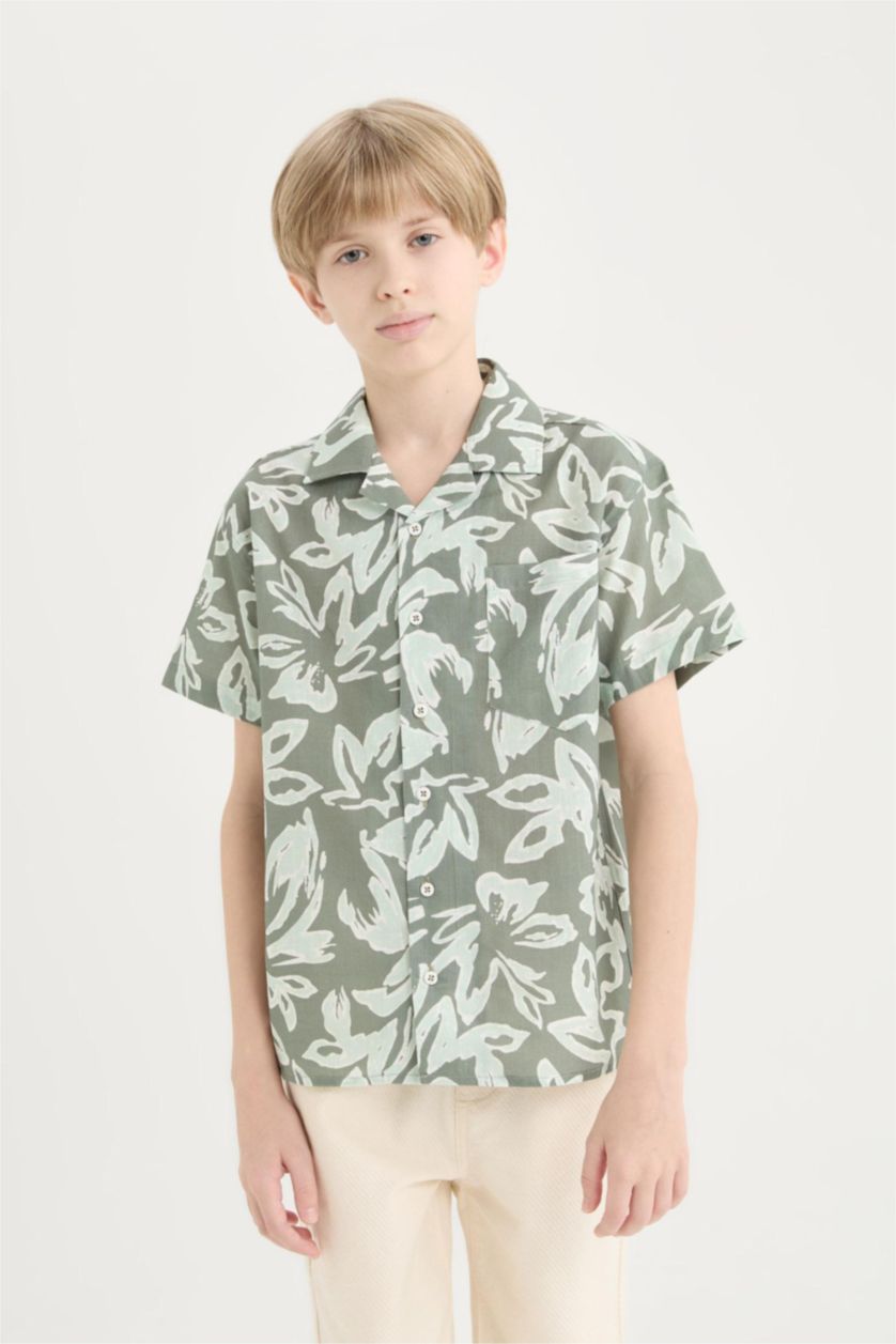 Erkek Çocuk - Genç Erkek Açık Haki Oversize Geniş Kalıp Polo Yaka Desenli Kısa Kollu Gömlek Erkek Çocuk