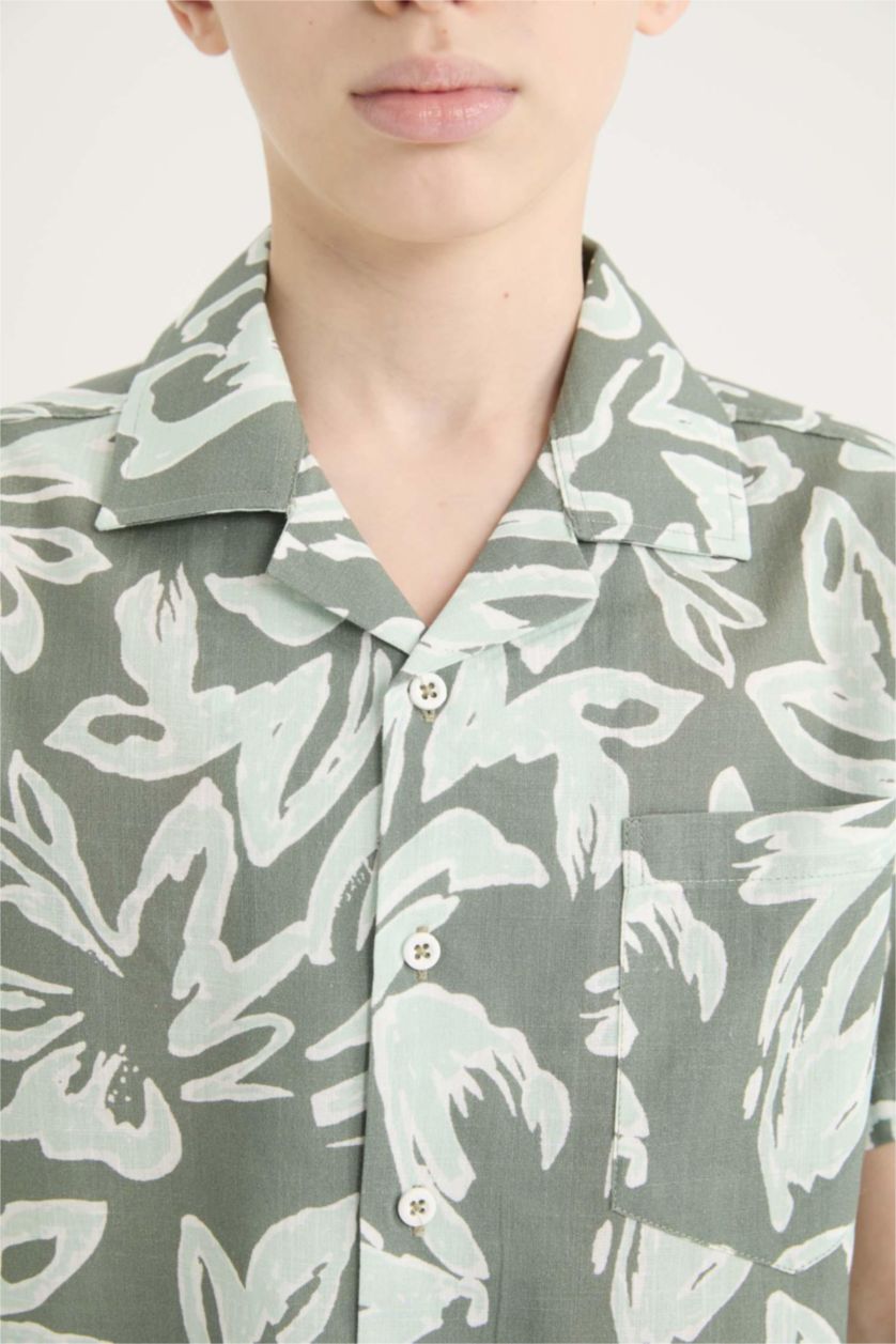 Erkek Çocuk - Genç Erkek Açık Haki Oversize Geniş Kalıp Polo Yaka Desenli Kısa Kollu Gömlek Erkek Çocuk