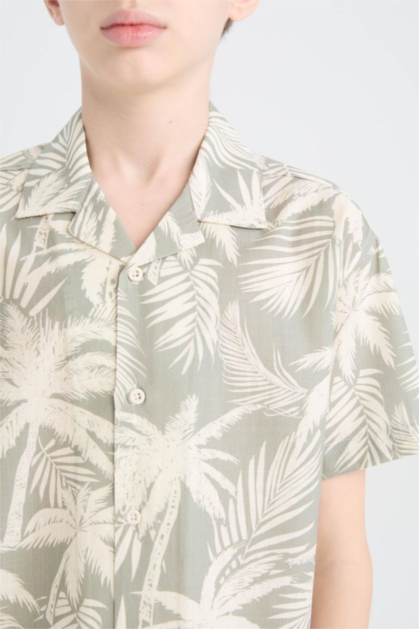 Erkek Çocuk - Genç Erkek Yeşil Oversize Geniş Kalıp Polo Yaka Palmiye Desenli Kısa Kollu Gömlek Erkek Çocuk