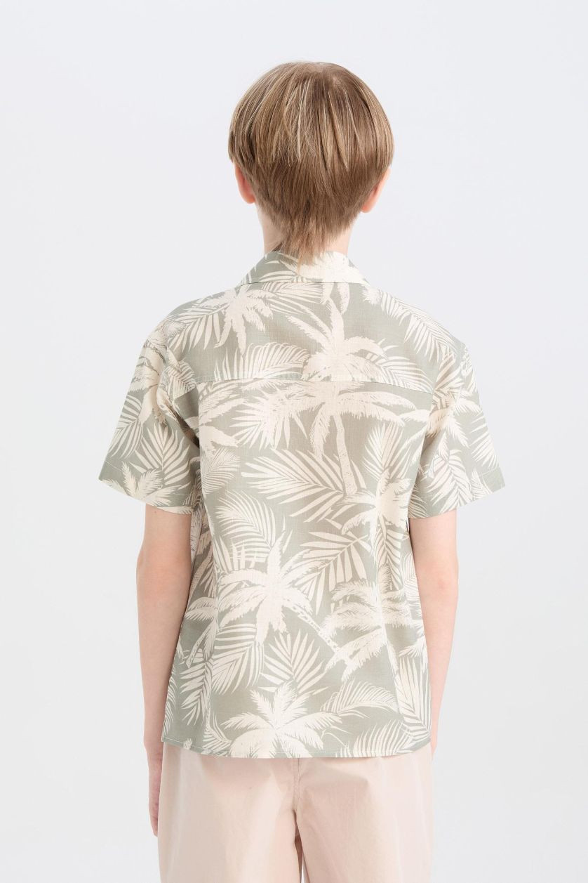 Erkek Çocuk - Genç Erkek Yeşil Oversize Geniş Kalıp Polo Yaka Palmiye Desenli Kısa Kollu Gömlek Erkek Çocuk