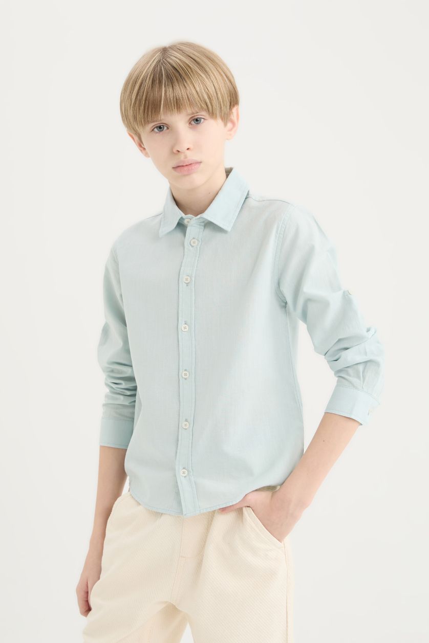 Erkek Çocuk - Genç Erkek Mint Polo Yaka Keten Karışımlı Uzun Kollu Gömlek Erkek Çocuk