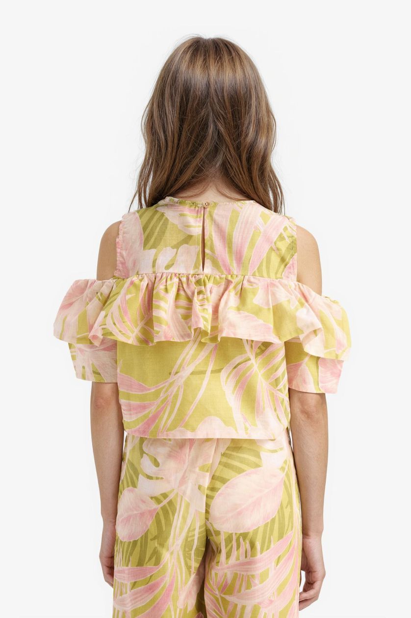 Kız Çocuk - Genç Kız Yeşil Desenli Kısa Kollu Bluz Kız Çocuk