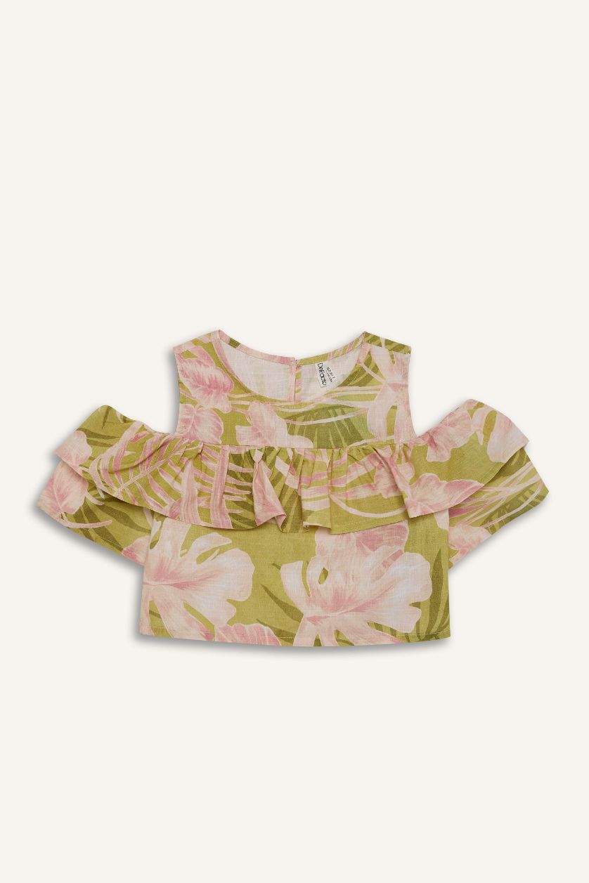 Kız Çocuk - Genç Kız Yeşil Desenli Kısa Kollu Bluz Kız Çocuk