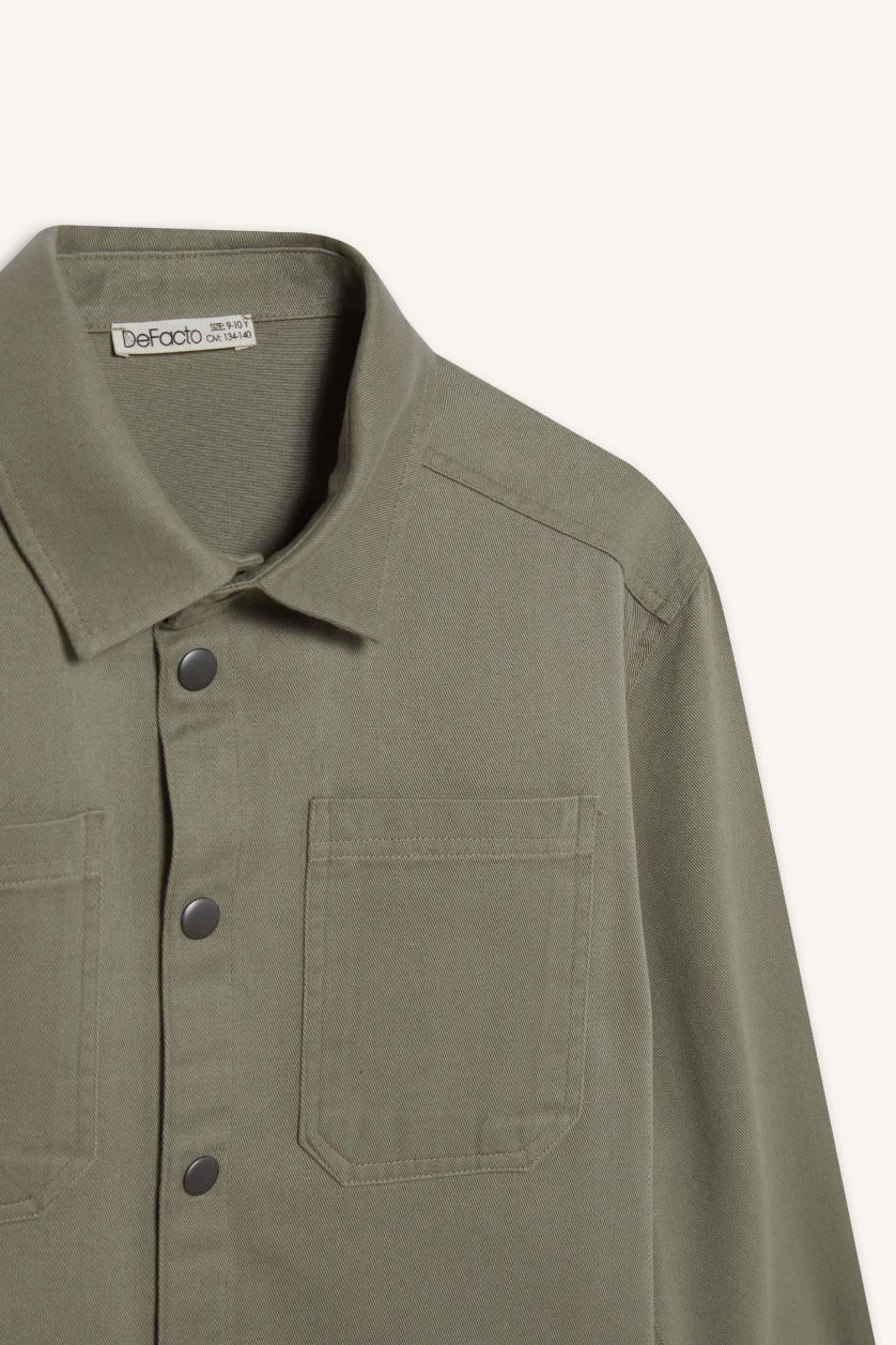 Erkek Çocuk - Genç Erkek Açık Haki Oversıze Polo Yaka Twill Uzun Kollu Gömlek Erkek Çocuk