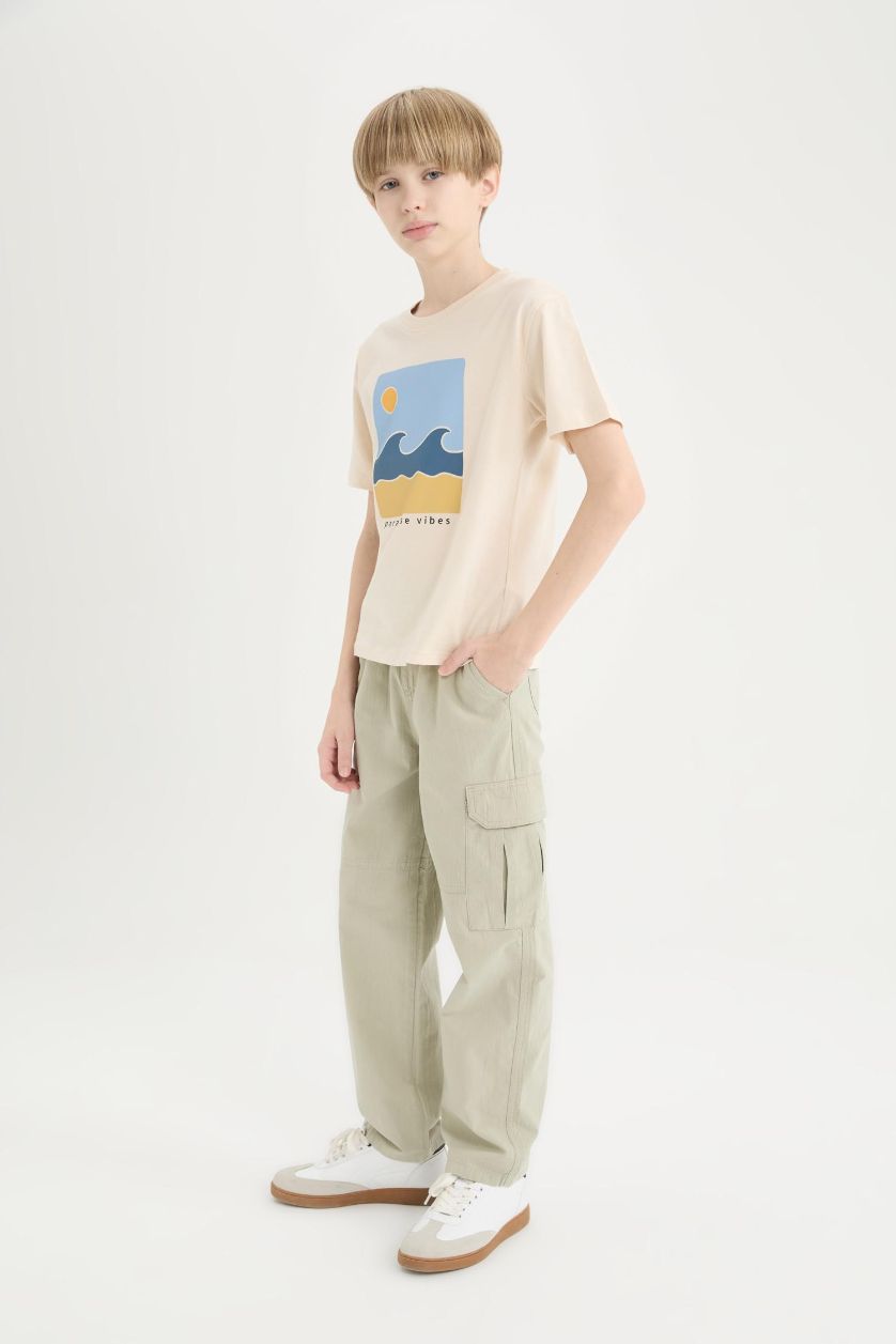 Erkek Çocuk - Genç Erkek Yeşil Loose Fit Standart Paça Gofre Dokulu Pantolon Erkek Çocuk