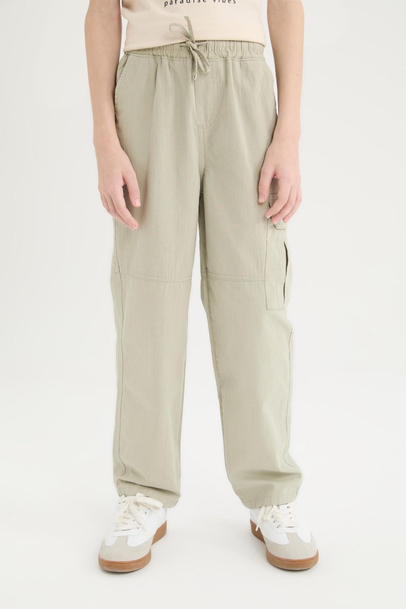 Erkek Çocuk - Genç Erkek Yeşil Loose Fit Standart Paça Gofre Dokulu Pantolon Erkek Çocuk