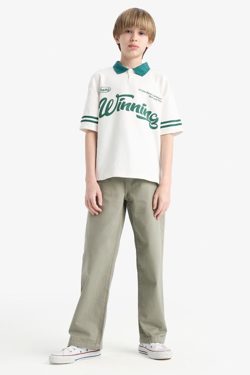 Erkek Çocuk - Genç Erkek Açık Haki Wide Leg Standart Paça Gabardin Pantolon Erkek Çocuk