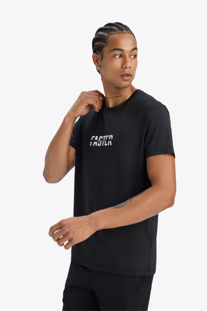 Erkek Siyah Esnek Kumaş Slim Fit Dar Kesim Bisiklet Yaka Baskılı Sporcu Kısa Kollu Tişört