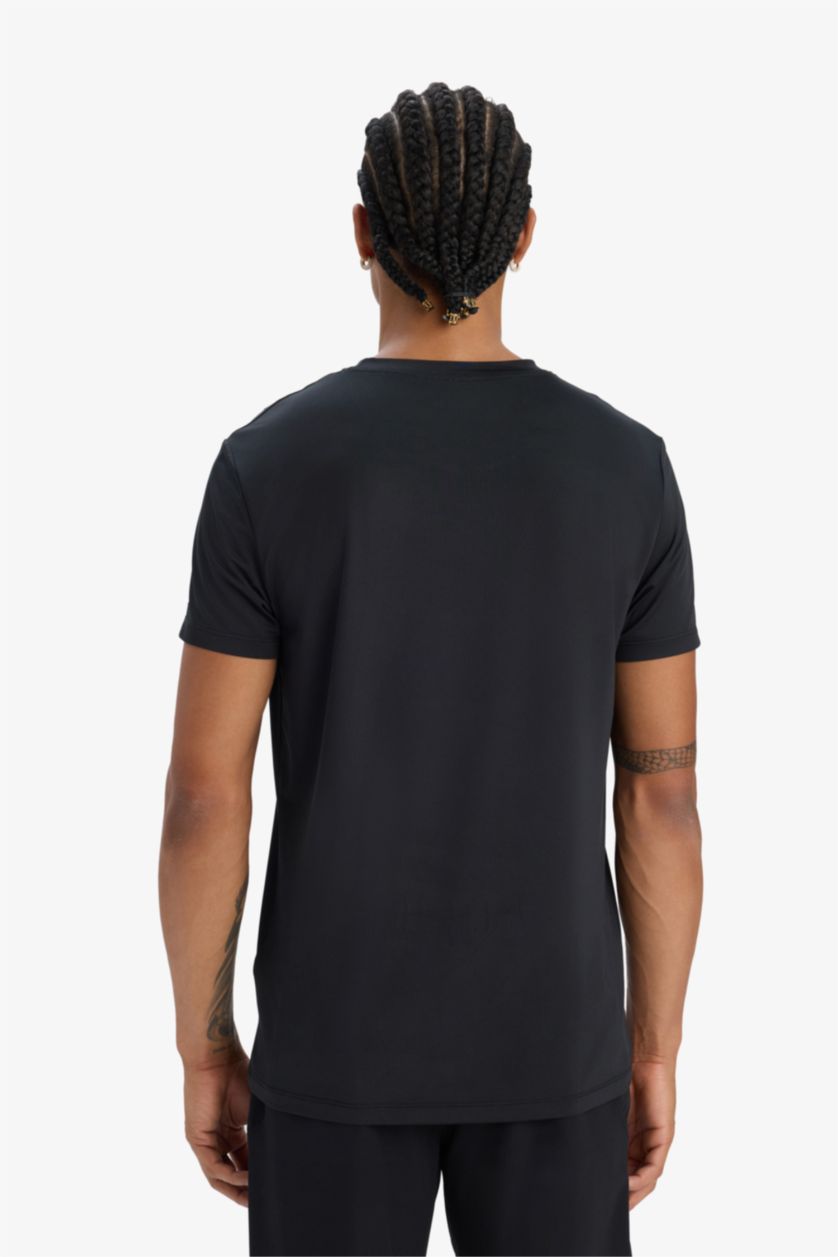 Erkek Siyah Esnek Kumaş Slim Fit Dar Kesim Bisiklet Yaka Baskılı Sporcu Kısa Kollu Tişört