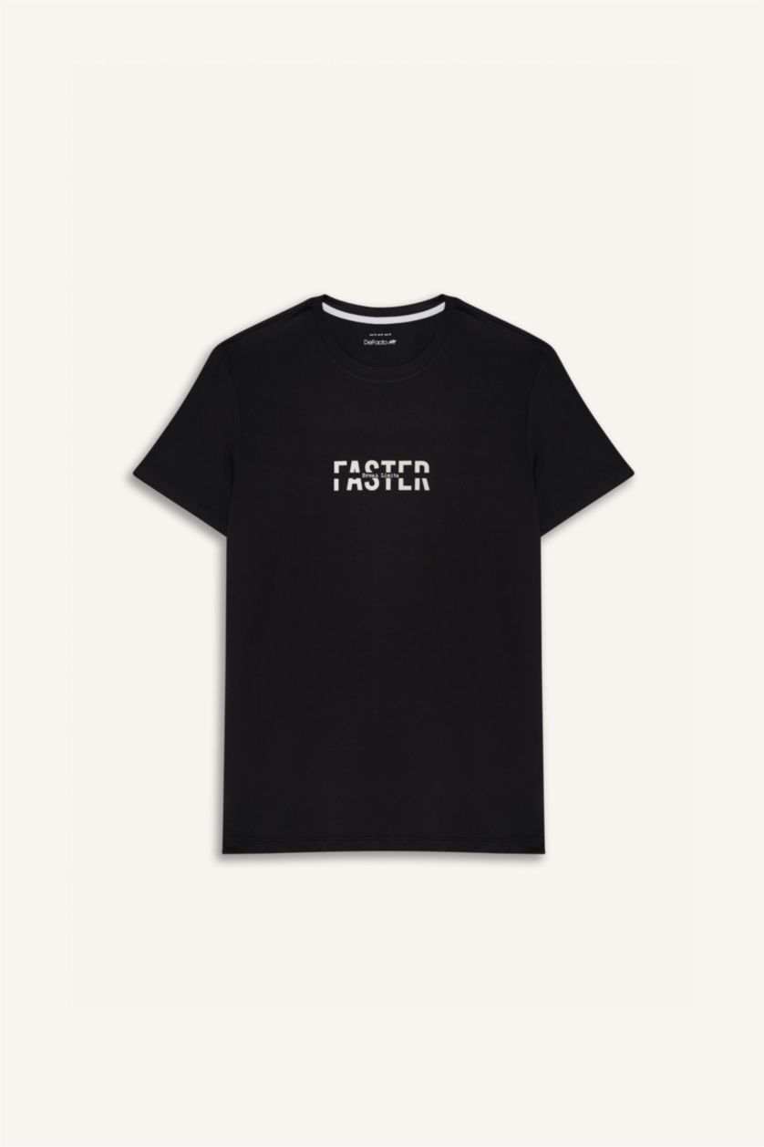 Erkek Siyah Esnek Kumaş Slim Fit Dar Kesim Bisiklet Yaka Baskılı Sporcu Kısa Kollu Tişört