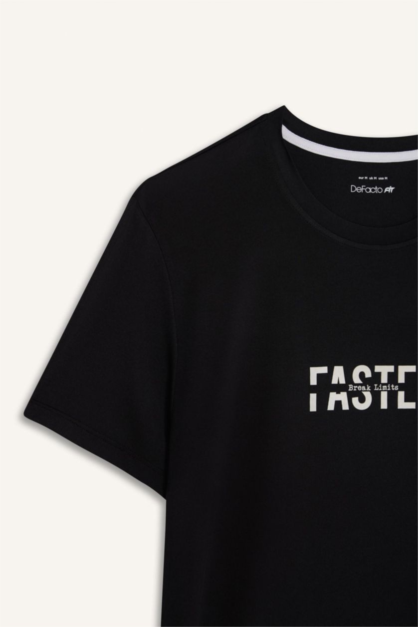 Erkek Siyah Esnek Kumaş Slim Fit Dar Kesim Bisiklet Yaka Baskılı Sporcu Kısa Kollu Tişört