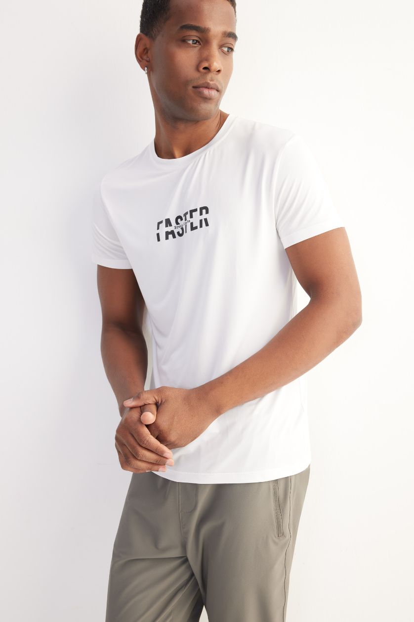 Man White DeFactoFit Slim Fit Crew Neck Printed Sports T-Shirt