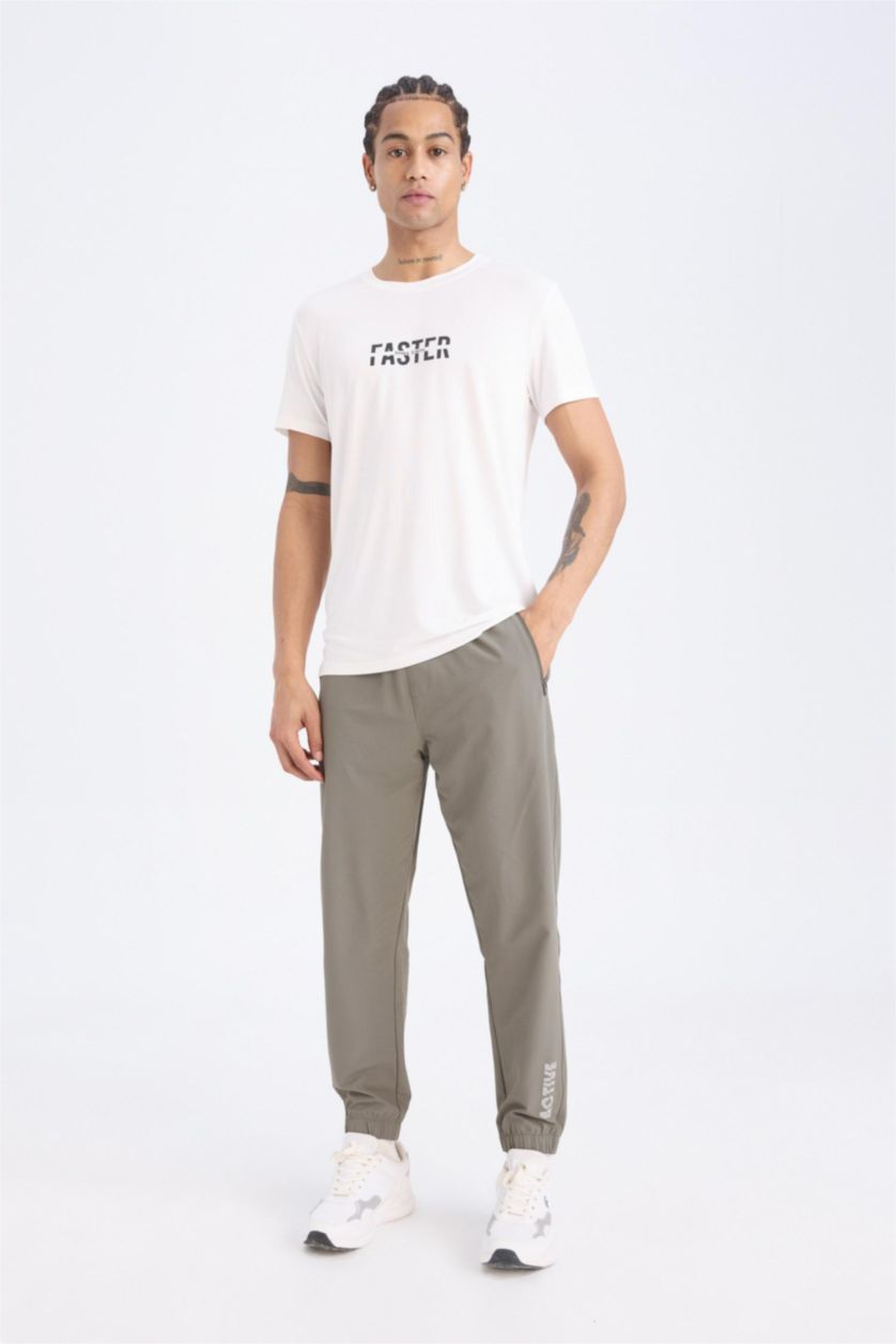 Man White DeFactoFit Slim Fit Crew Neck Printed Sports T-Shirt