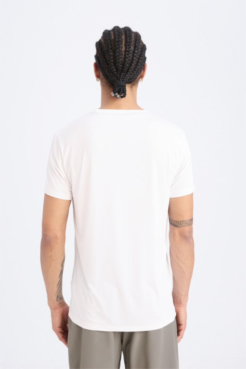 Man White DeFactoFit Slim Fit Crew Neck Printed Sports T-Shirt