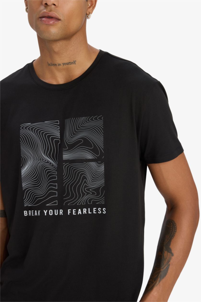 Erkek Siyah Esnek Kumaş Standart Fit Bisiklet Yaka Baskılı Sporcu Kısa Kollu Tişört