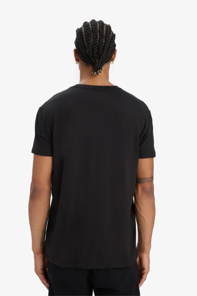 Erkek Siyah Esnek Kumaş Standart Fit Bisiklet Yaka Baskılı Sporcu Kısa Kollu Tişört