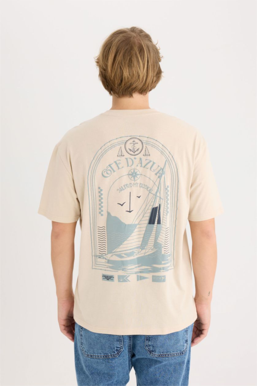 Erkek Taş %100 Pamuk Boxy Fit Bisiklet Yaka Sırt Baskılı Kısa Kollu Tişört