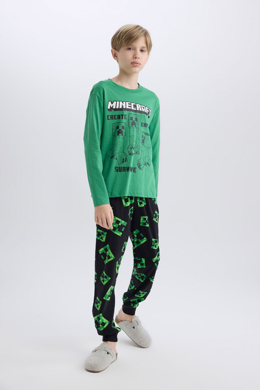 Erkek Çocuk - Genç Erkek Yeşil Minecraft Pijama Takımı Uzun Kollu Üst Beli Lastikli Uzun Alt Erkek Çocuk