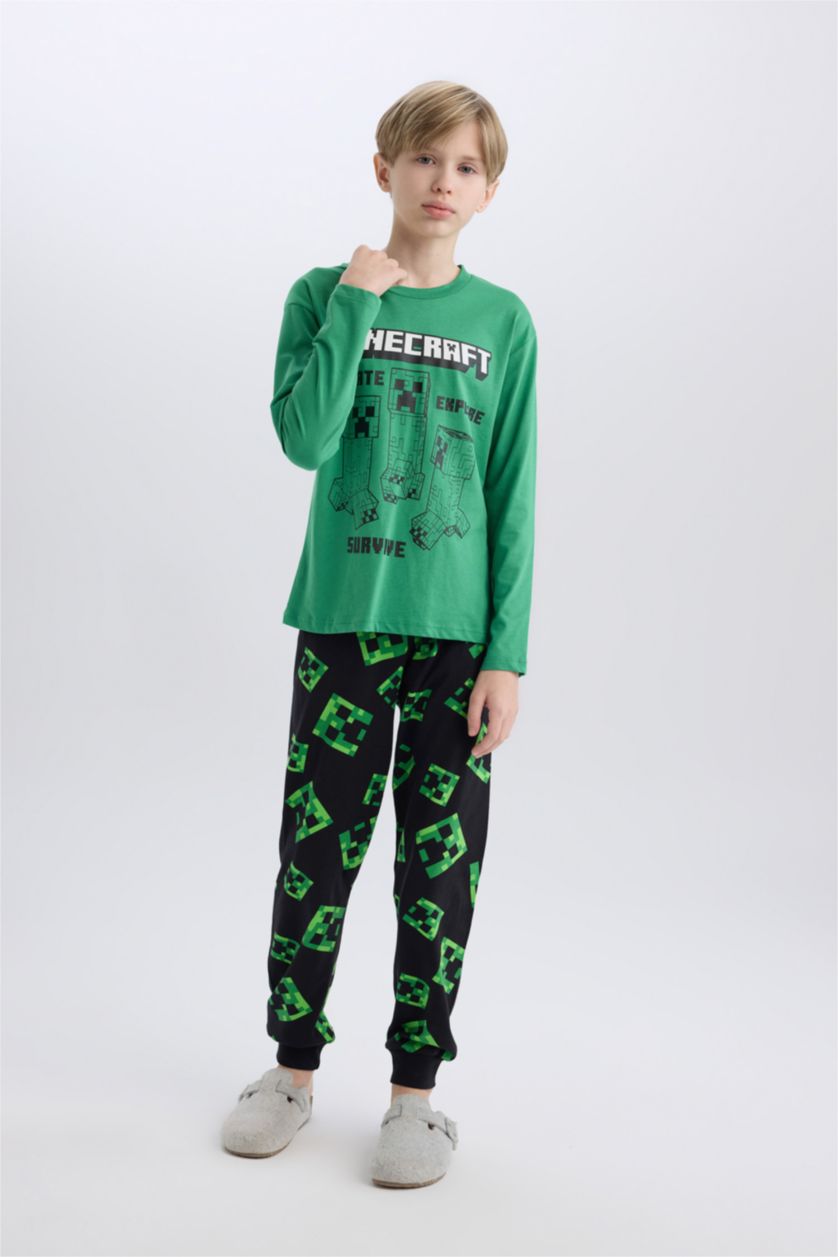 Erkek Çocuk - Genç Erkek Yeşil Minecraft Pijama Takımı Uzun Kollu Üst Beli Lastikli Uzun Alt Erkek Çocuk