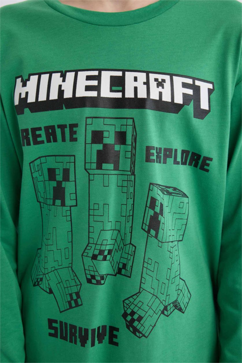 Erkek Çocuk - Genç Erkek Yeşil Minecraft Pijama Takımı Uzun Kollu Üst Beli Lastikli Uzun Alt Erkek Çocuk