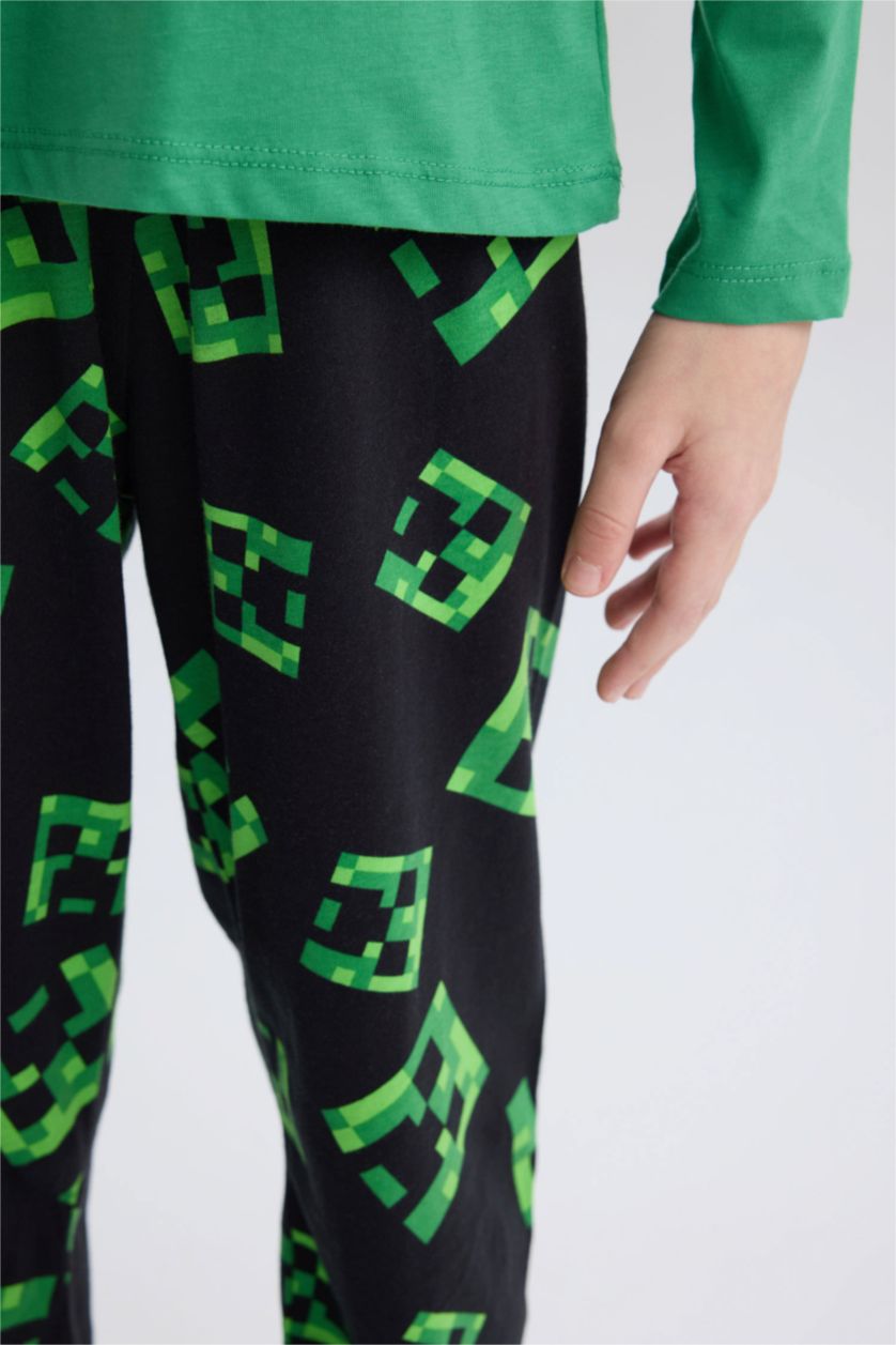 Erkek Çocuk - Genç Erkek Yeşil Minecraft Pijama Takımı Uzun Kollu Üst Beli Lastikli Uzun Alt Erkek Çocuk