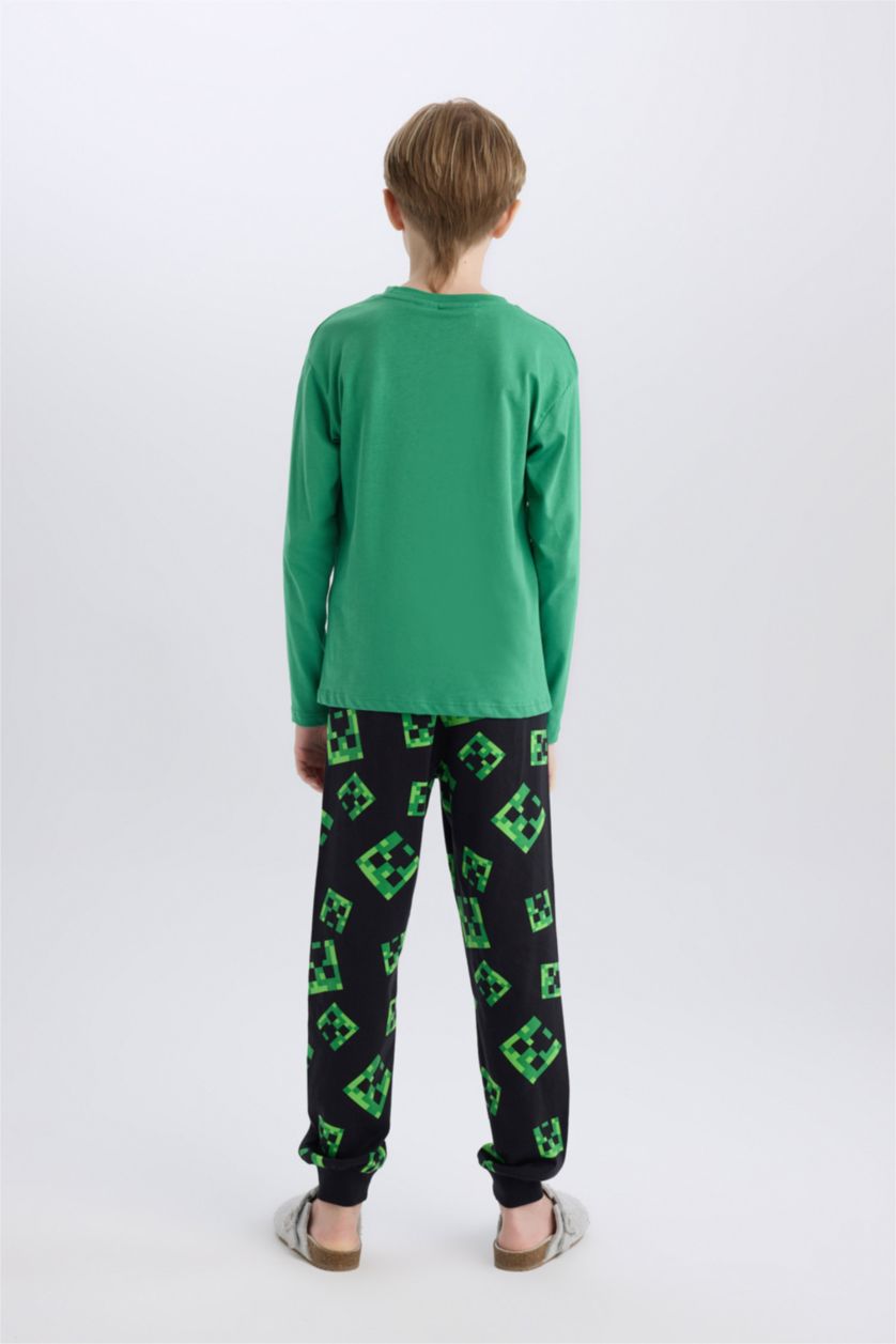 Erkek Çocuk - Genç Erkek Yeşil Minecraft Pijama Takımı Uzun Kollu Üst Beli Lastikli Uzun Alt Erkek Çocuk